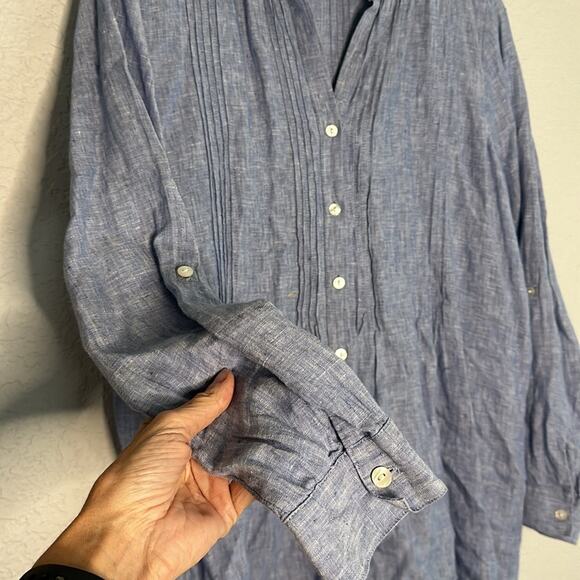 J. Jill Linen Pintuck Long Sleeve Button Up Shirt Chambray Vacation Nautical - Picture 3 of 8